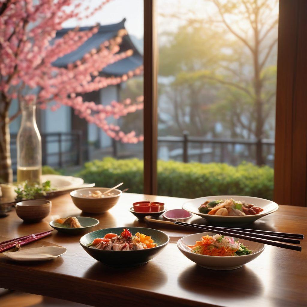 A beautifully set dining table showcasing intricately designed chopsticks delicately placed next to an exquisite dish of colorful Asian cuisine. Surrounding the table, soft, warm lighting casts a cozy ambiance, while in the background, a serene window view features a blossoming cherry blossom tree. The scene evokes a sense of joy and tranquility, inviting the viewer to elevate their dining experience. vibrant colors. super-realistic.