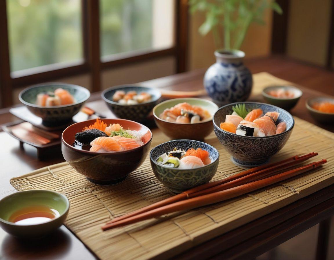 An elegant table setting with an assortment of noodle bowls and sushi delights, beautifully arranged on vibrant ceramics. Highlight the delicate textures of the food and the intricate designs of the chopsticks, with soft, ambient lighting creating a warm atmosphere. Include a bamboo mat for added authenticity and a hint of a serene garden in the background. super-realistic. vibrant colors. soft focus.