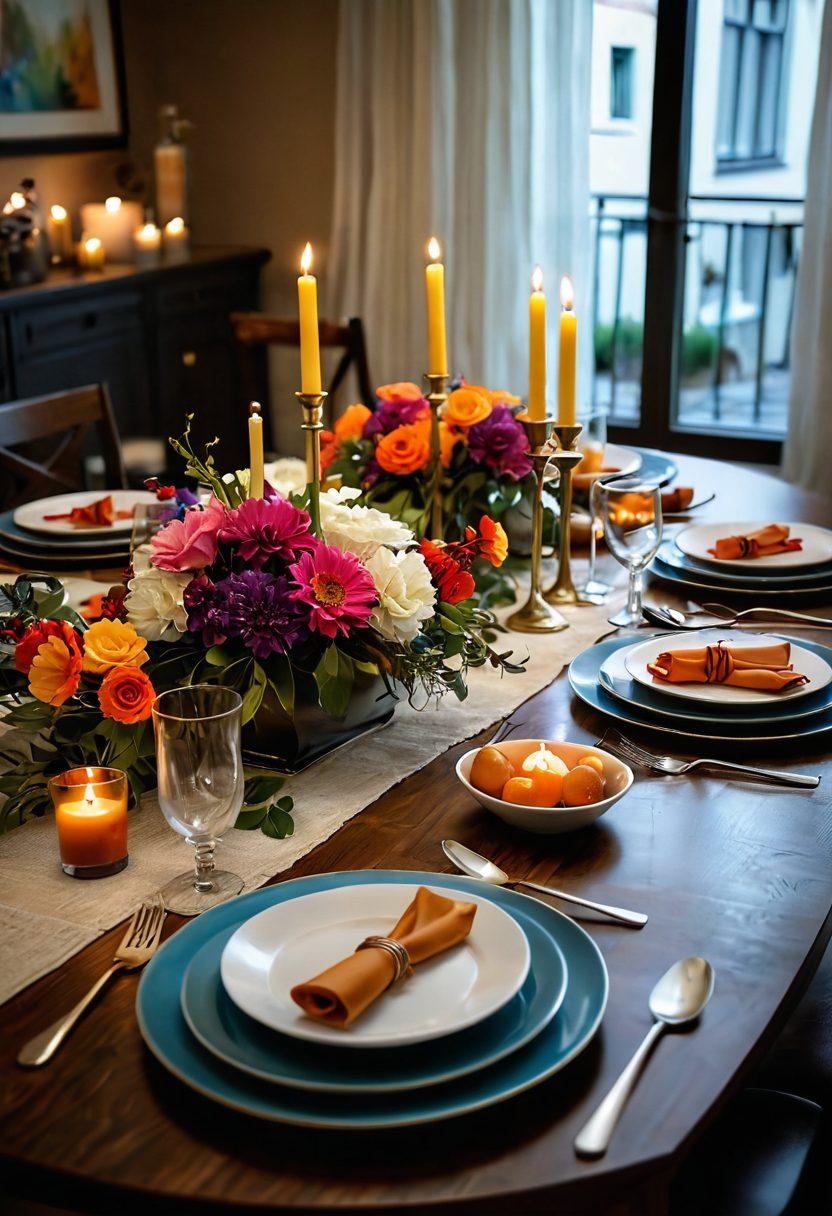 A beautifully set dining table featuring elegant, artistic utensils and dinnerware that are invitingly arranged. Include a variety of gourmet dishes that showcase vibrant colors and textures, with soft, ambient lighting creating a warm atmosphere. Add decorative elements like fresh flowers and candles to enhance the scene. Capture the essence of dining as an art form. super-realistic. vibrant colors.